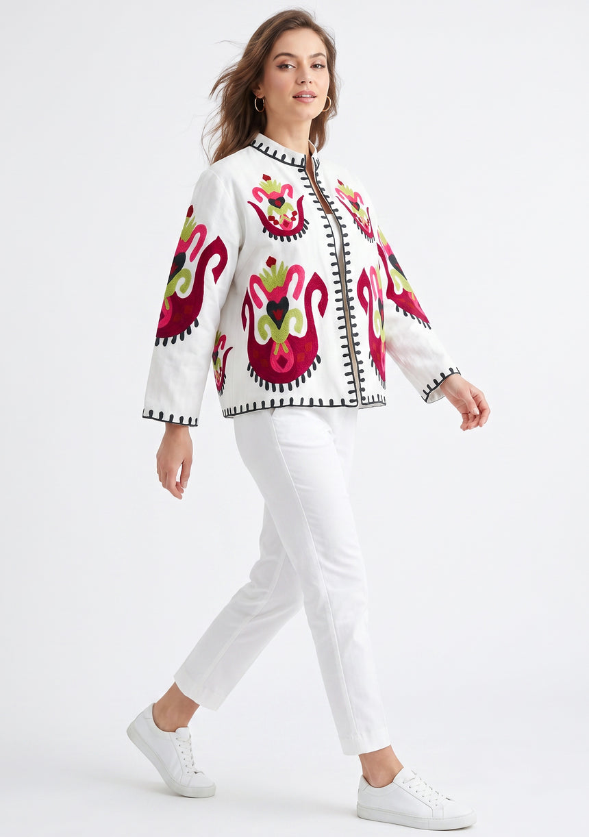ibBan Women's Hand Embroidered Cotton Canvas Jacket - Sona | Collar Neck Artisan Boho