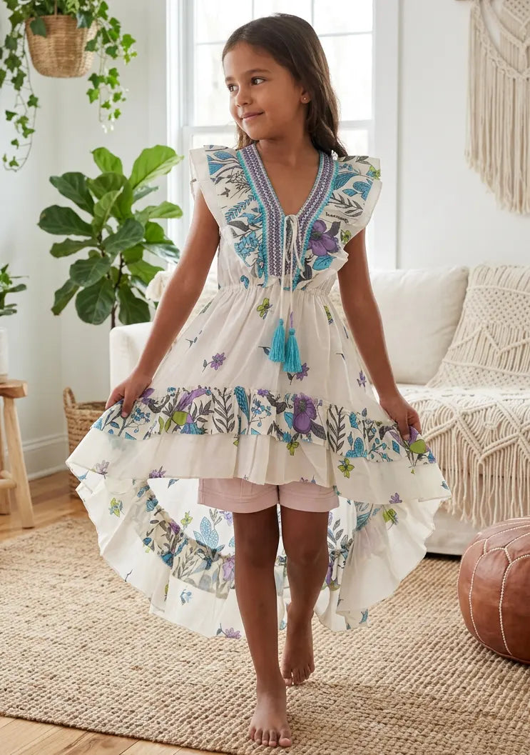 Robe en coton col V pour fille - Jelisha