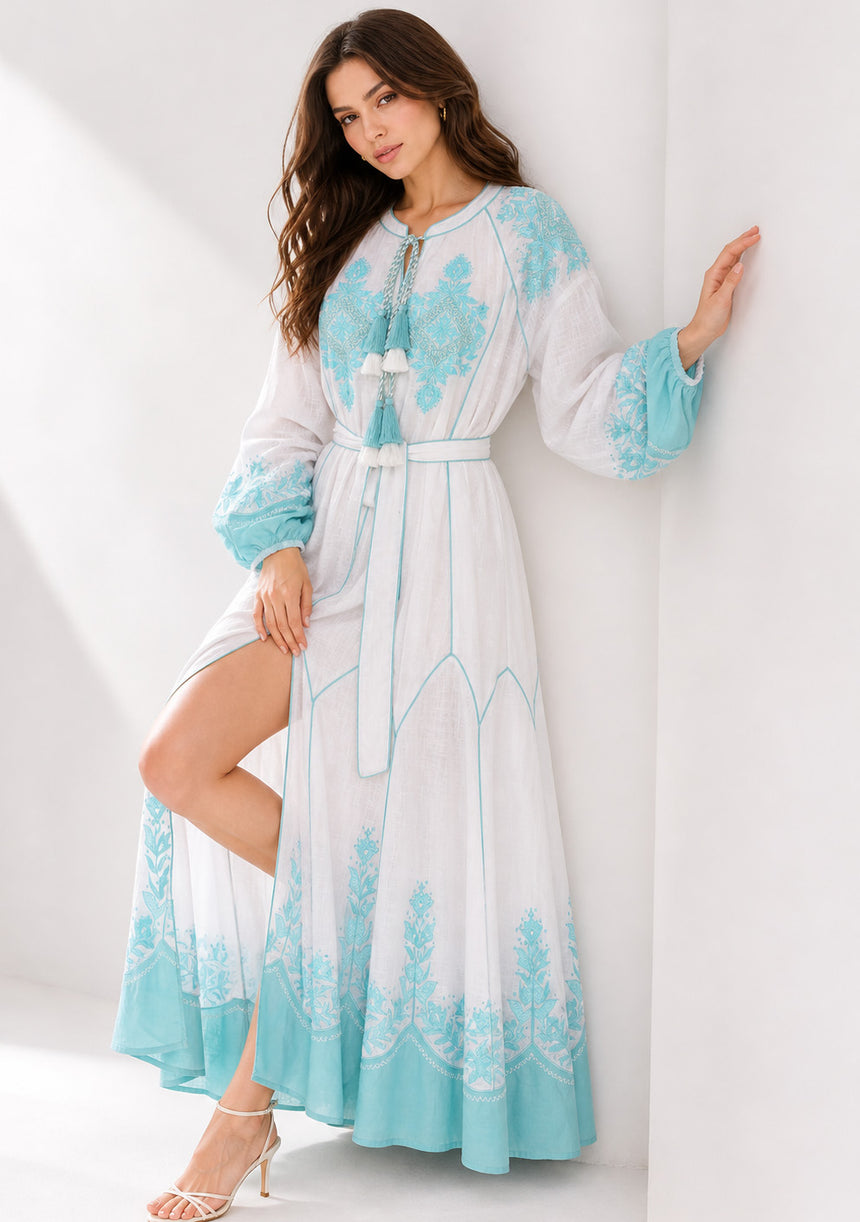 Vestido largo de algodón de cuello redondo para mujer - Naisha