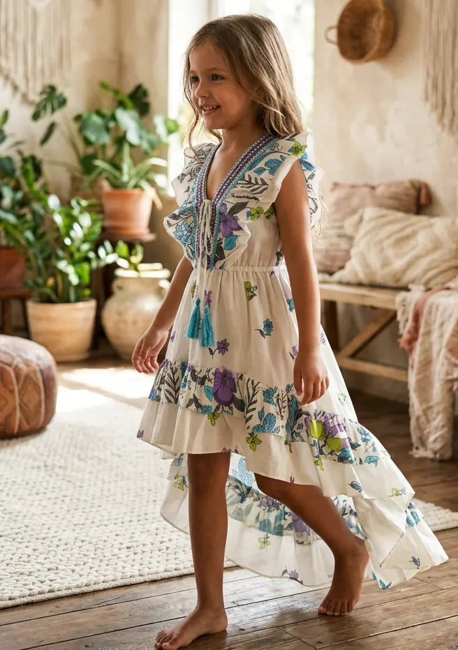 Robe en coton col V pour fille - Jelisha