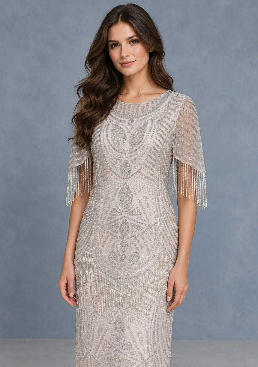 ibBan Women’s Long Dress with Hand Beadwork & Fringe Sleeves - Esmi