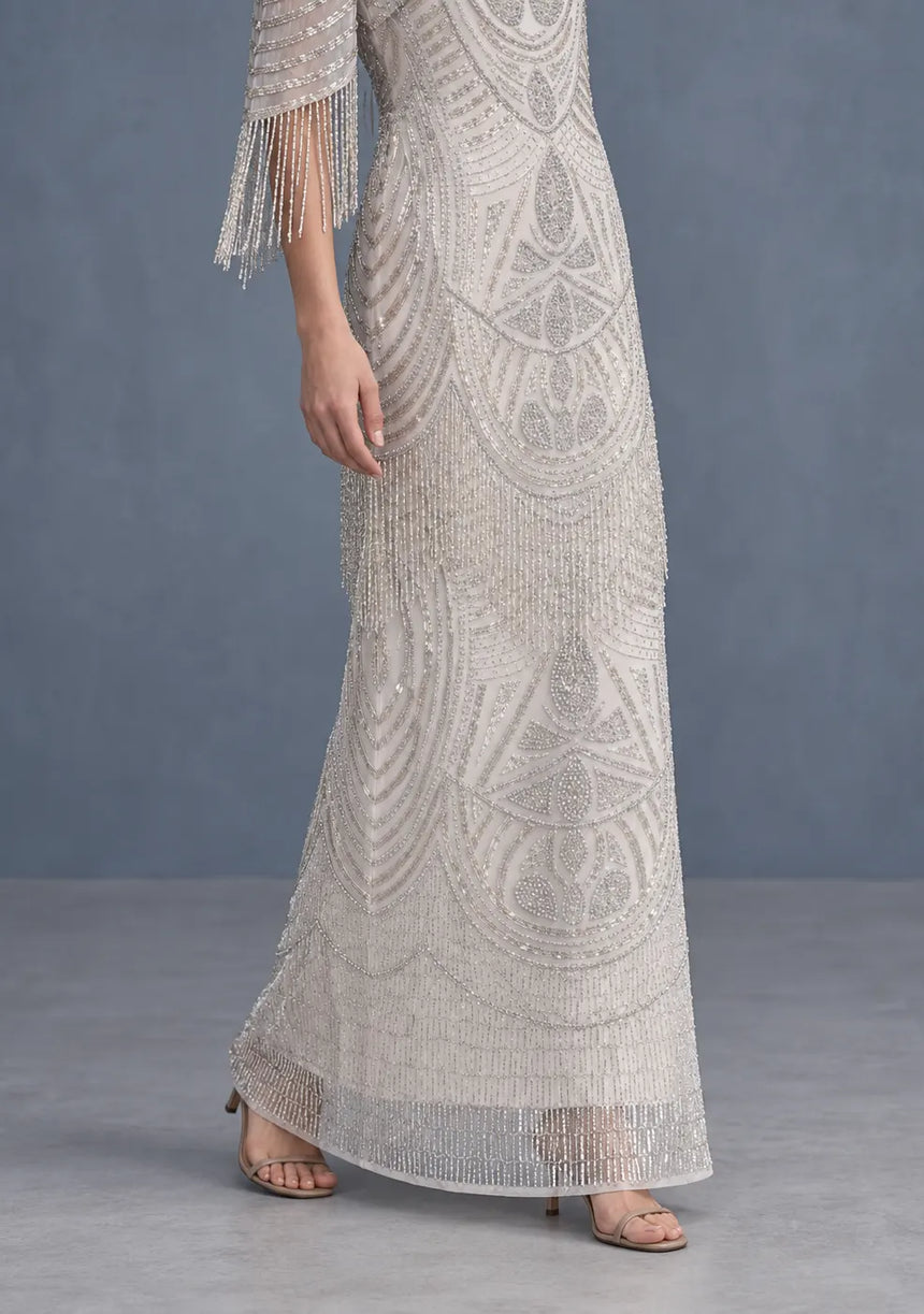 ibBan Women’s Long Dress with Hand Beadwork & Fringe Sleeves - Esmi