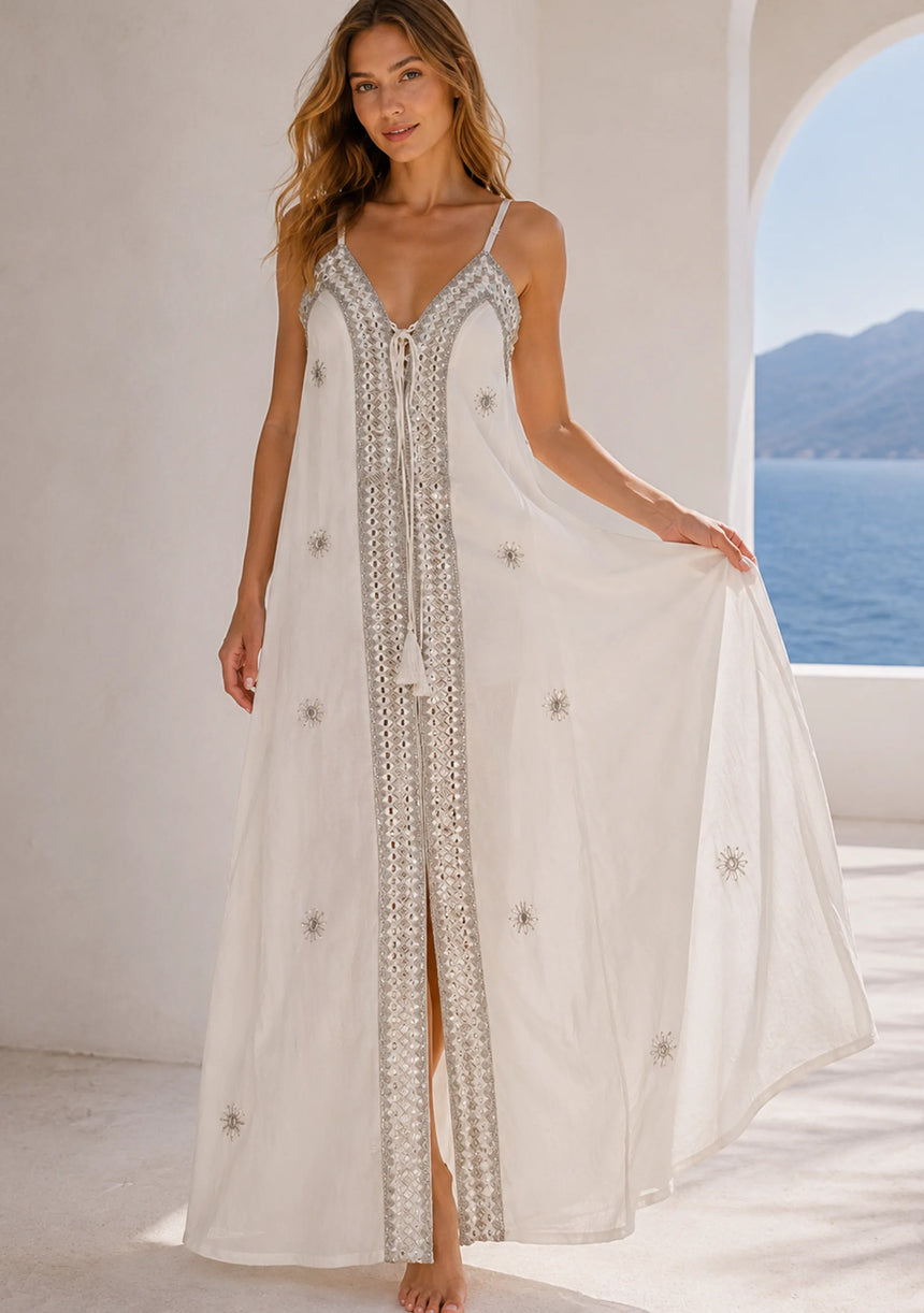 ibBan Robe en Coton Premium à Bretelles et Broderies à la Main - Robe à Bretelles Fokta