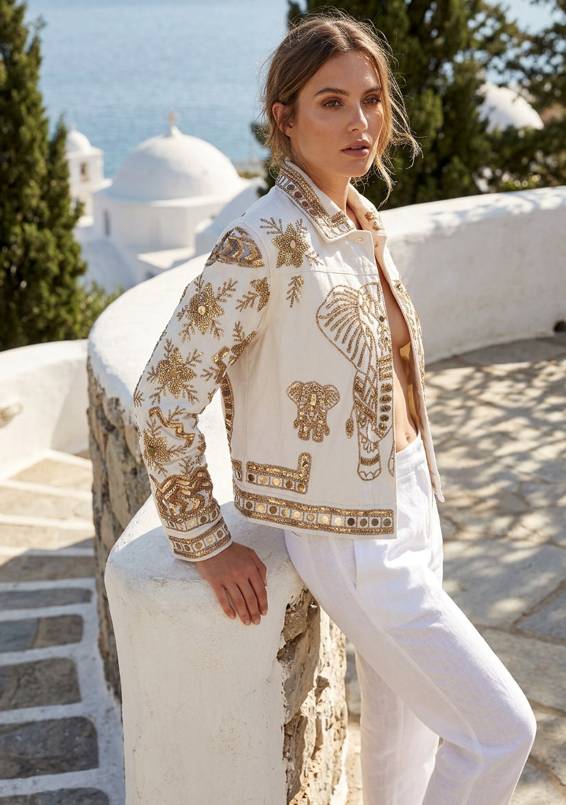 Women's Artisan Heavy Elephant Hand Embroidery Canvas Jacket - Anima