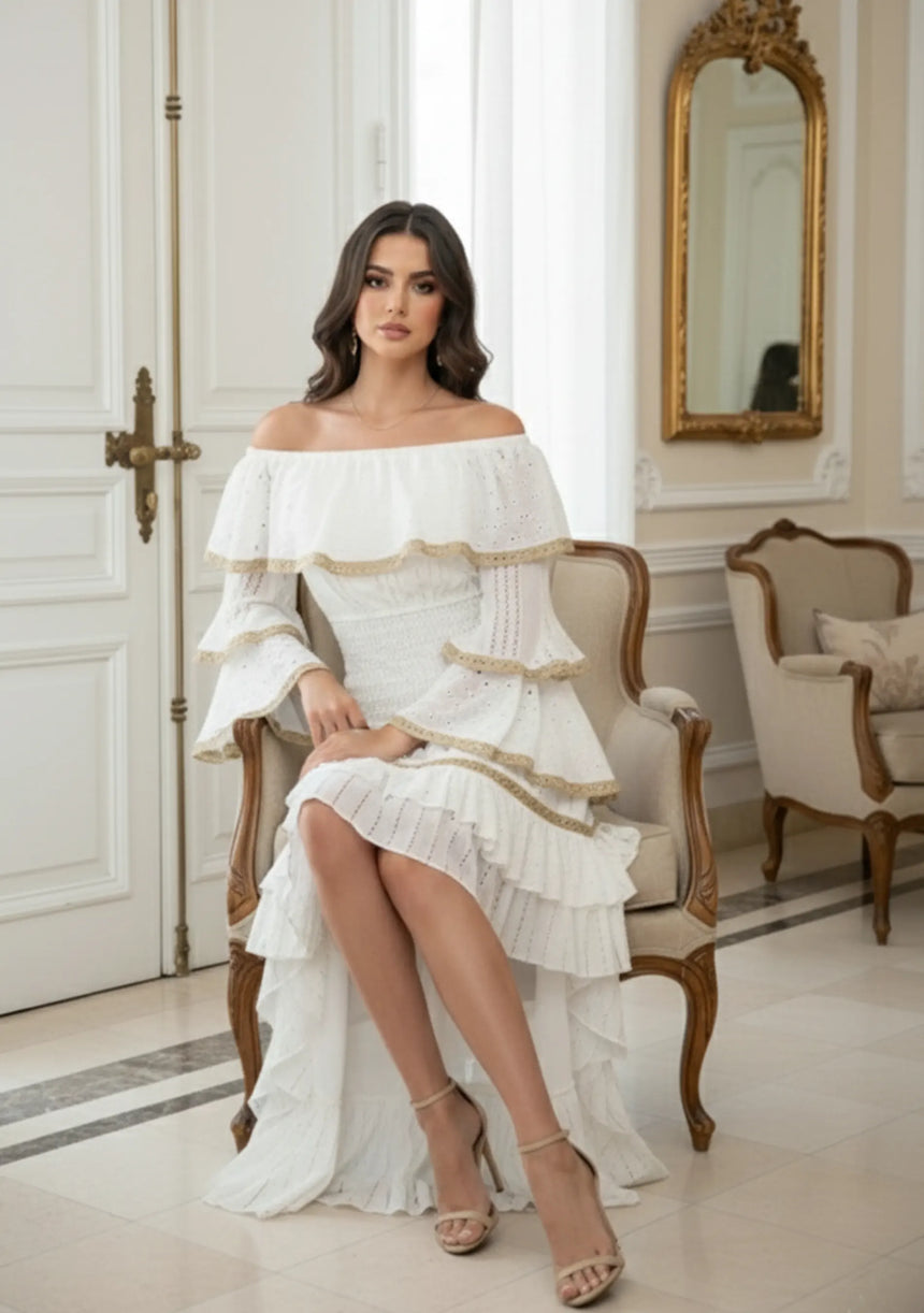 Vestido maxi de algodón bordado a mano de manga larga para mujer - Umida