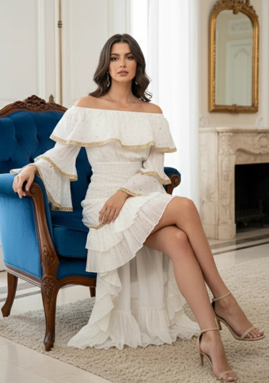 Vestido maxi de algodón bordado a mano de manga larga para mujer - Umida