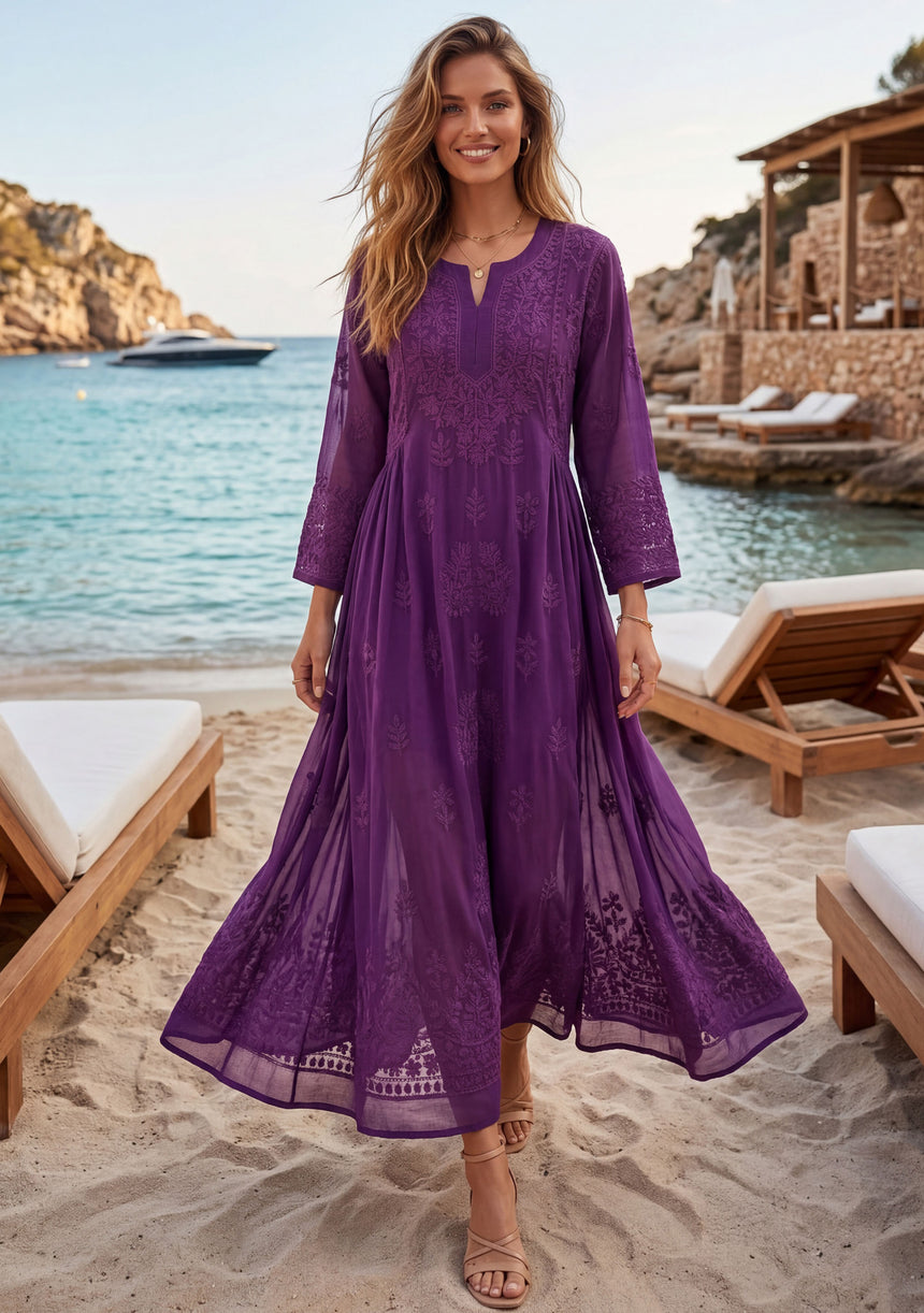 Vestido maxi de algodón con cuello redondo para mujer - Aanshi
