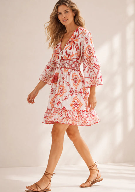 Minivestido de algodón con cuello en V para mujer - Kiran