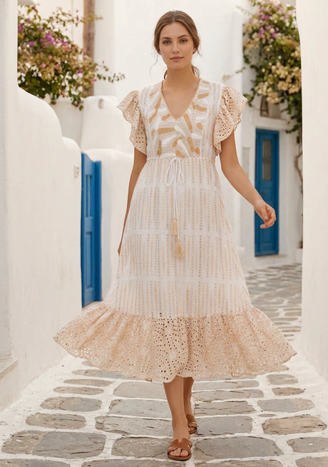 Vestido largo de algodón con cuello en V y bordado a mano para mujer - Mila