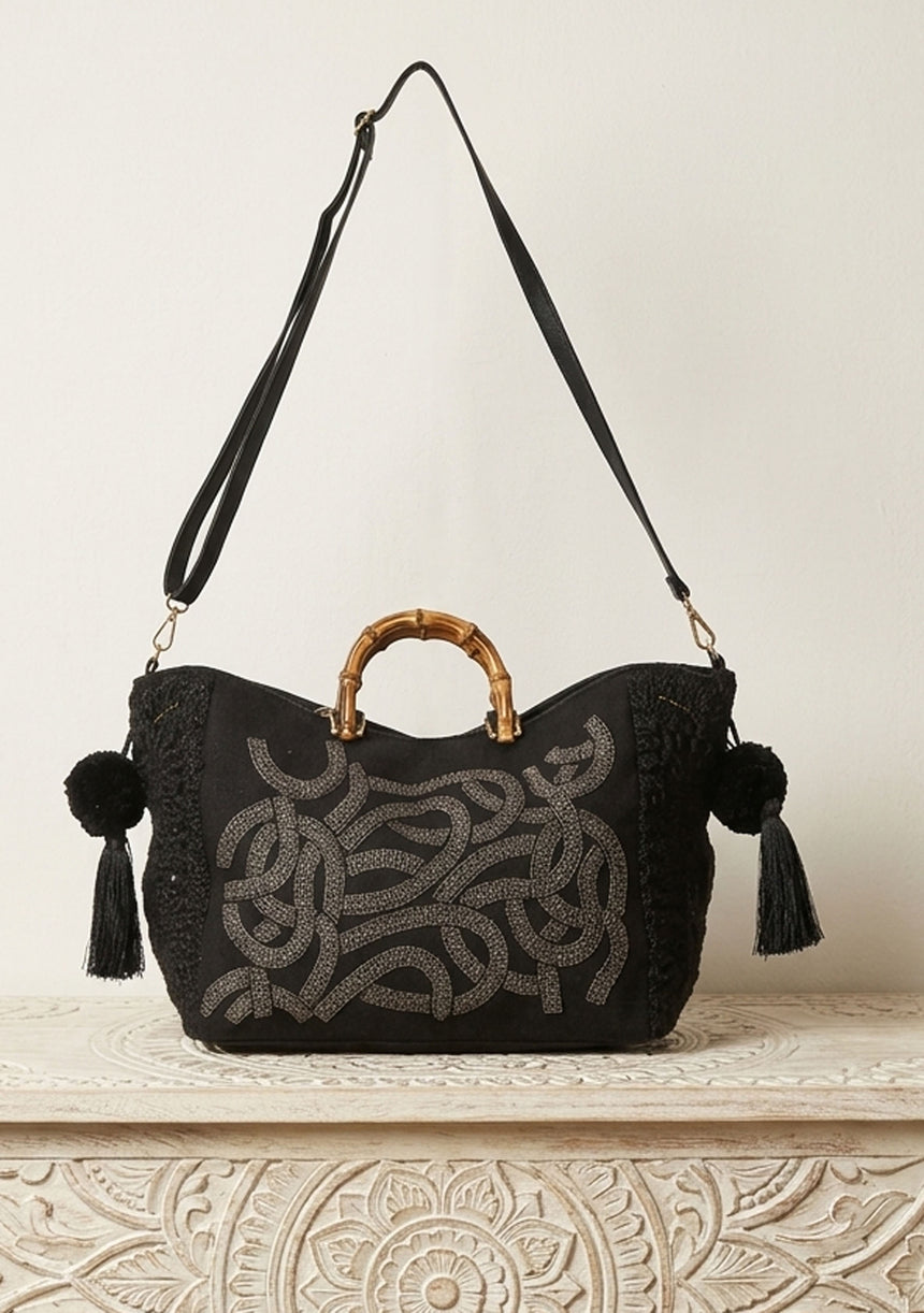 Bolso de mano de lona bordado para mujer - Avellana