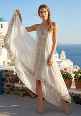 Vestido largo de georgette bordado a mano con cuello en V para mujer - Safa