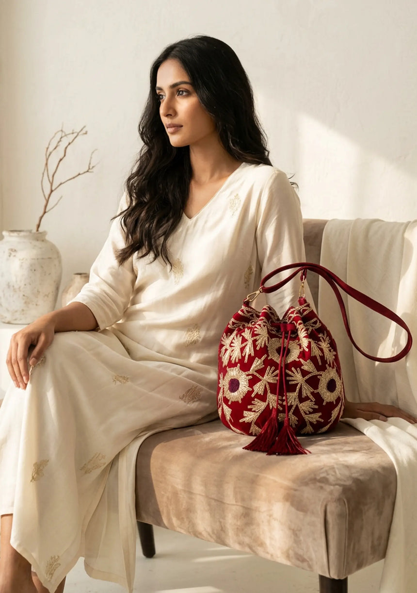 Women's Embroidered Canvas Pottlybag - Areeba