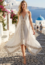 Vestido largo de georgette bordado a mano con cuello en V para mujer - Safa