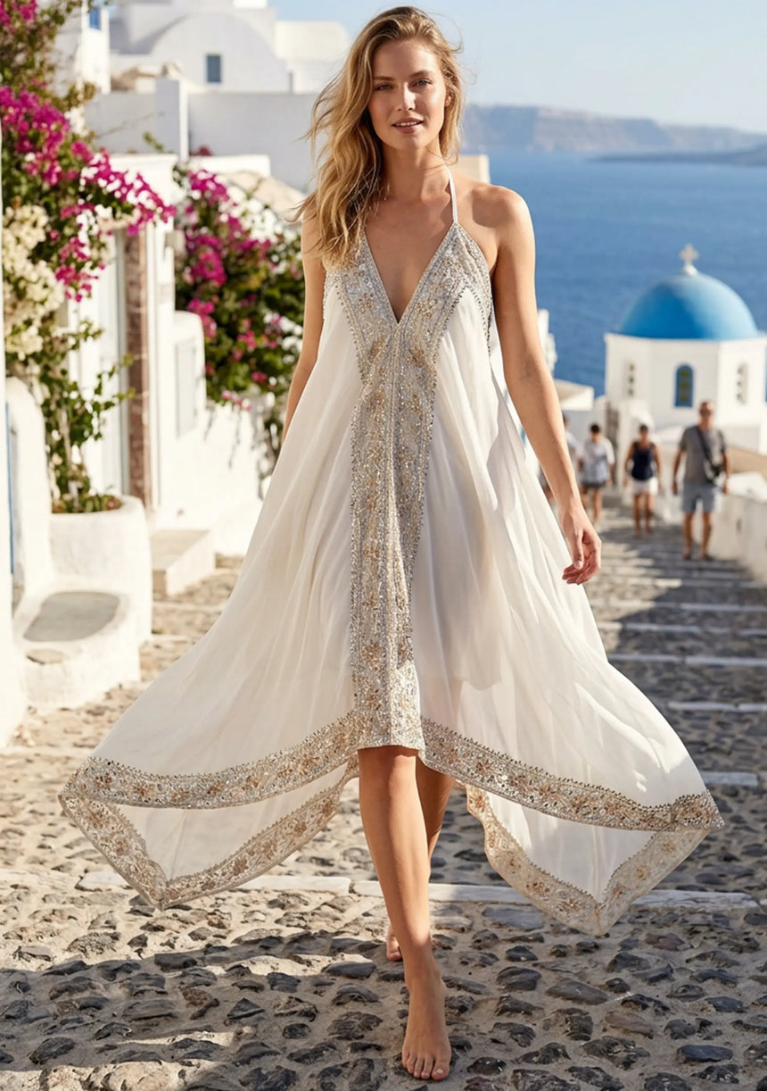 Vestido largo de georgette bordado a mano con cuello en V para mujer - Safa