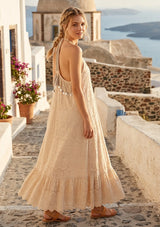 Vestido maxi de algodón bordado a mano con cuello en V para mujer - Ruwa