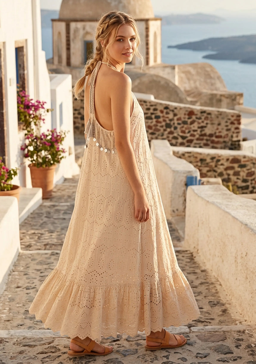 Vestido maxi de algodón bordado a mano con cuello en V para mujer - Ruwa