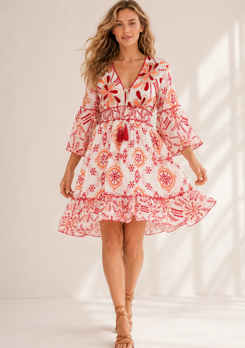 Minivestido de algodón con cuello en V para mujer - Kiran