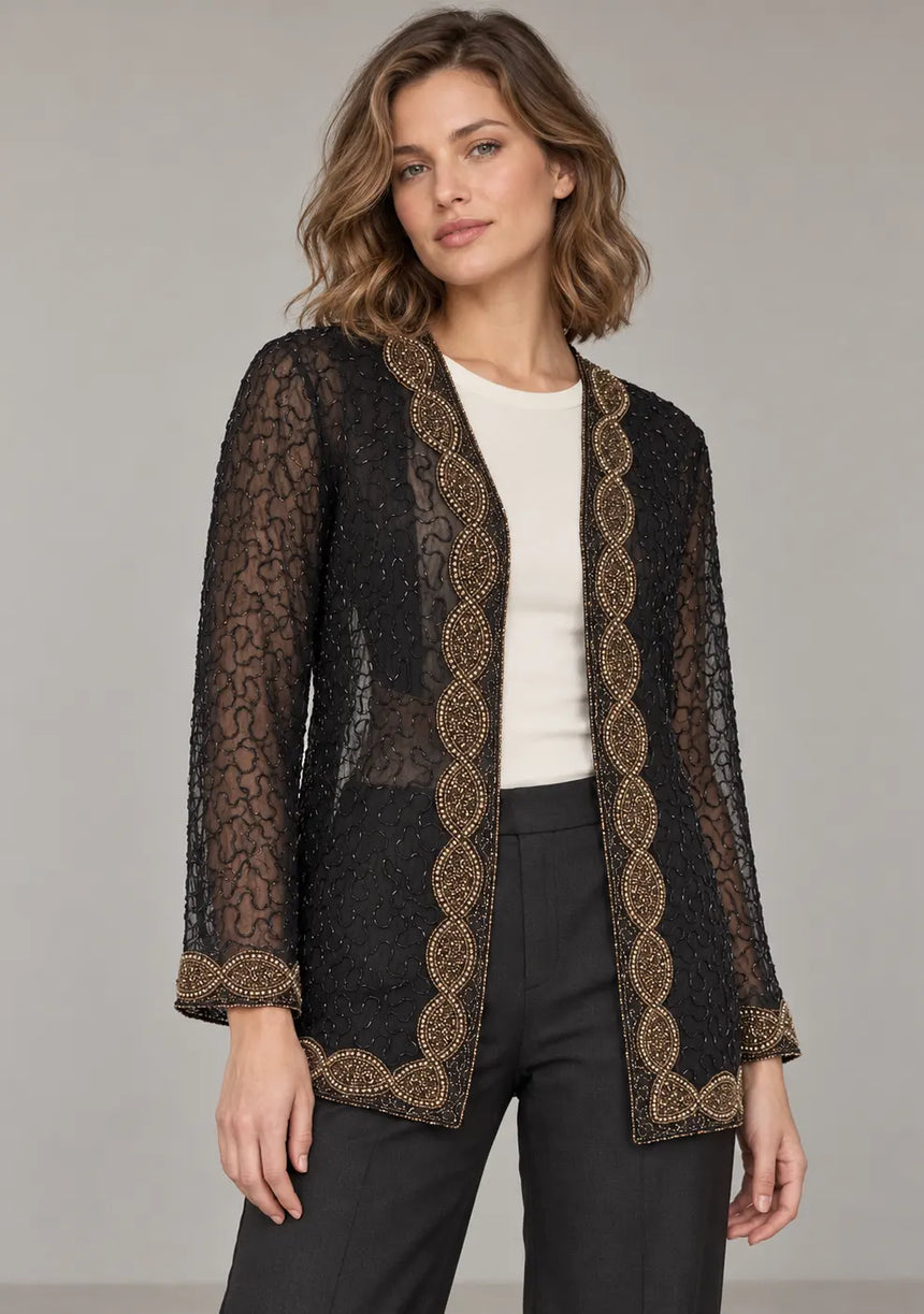ibBan Women’s Black Mesh Long Jacket with Hand Embroidered - Aminta