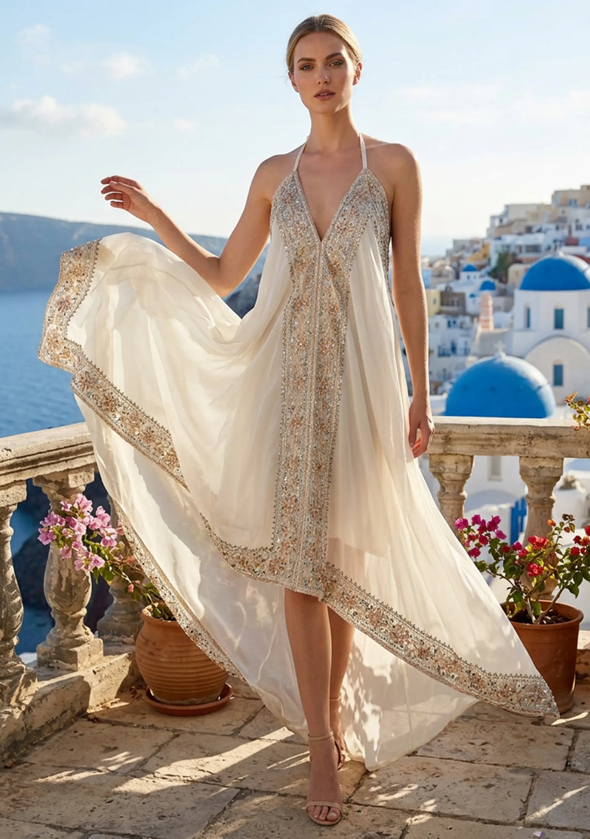 Vestido largo de georgette bordado a mano con cuello en V para mujer - Safa