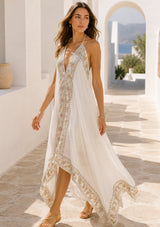 Vestido largo de georgette bordado a mano con cuello en V para mujer - Safa