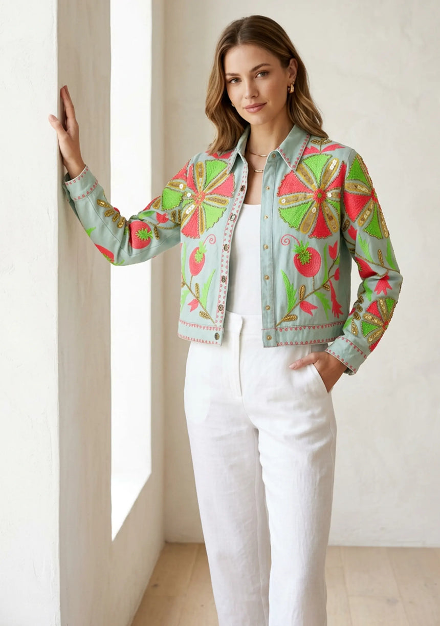 Women's Artisan Hand Embroidery Canvas Jacket - Meliah