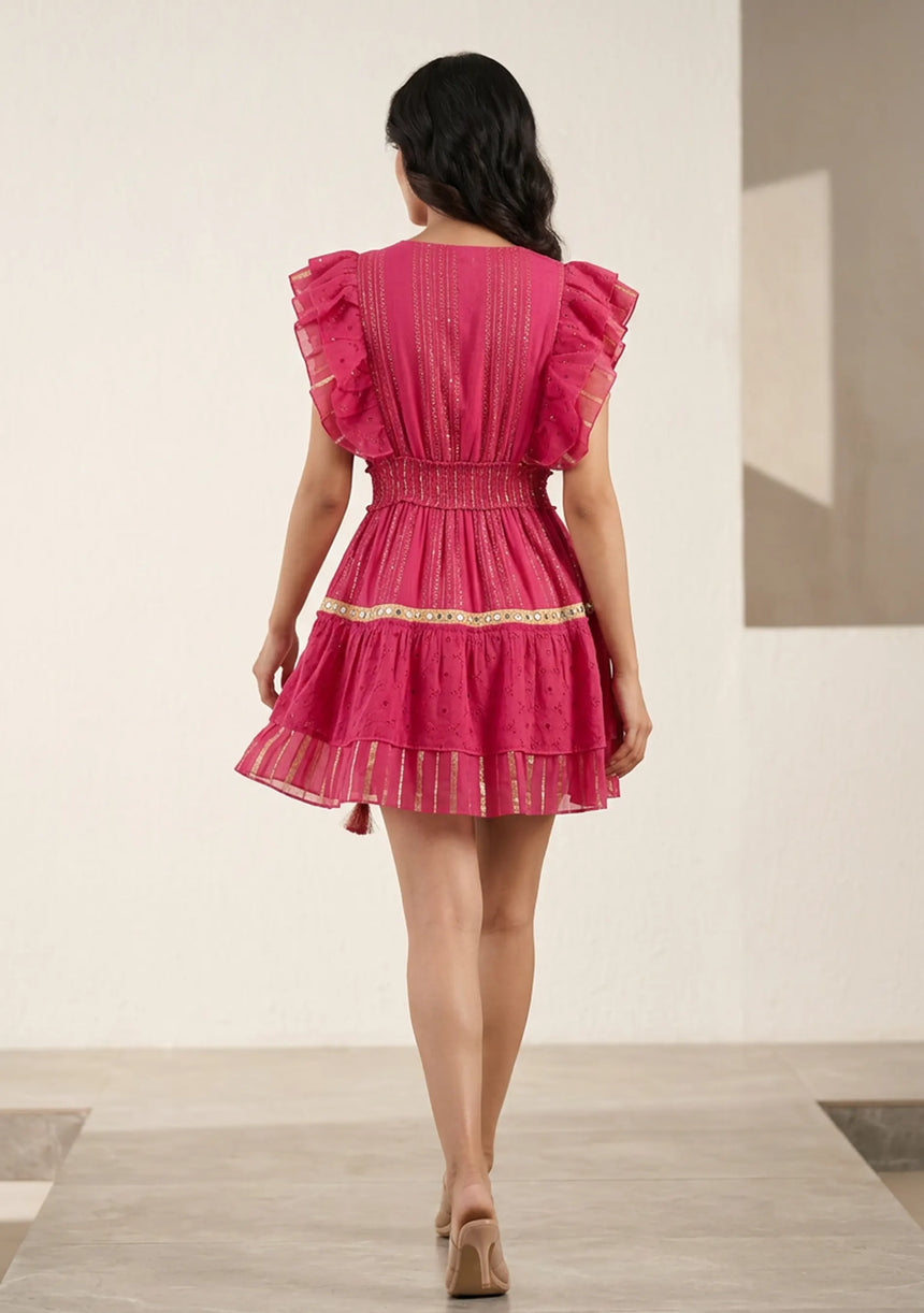 Women's Hand Embroidered Cotton Mini Dress V-Neck - Umida