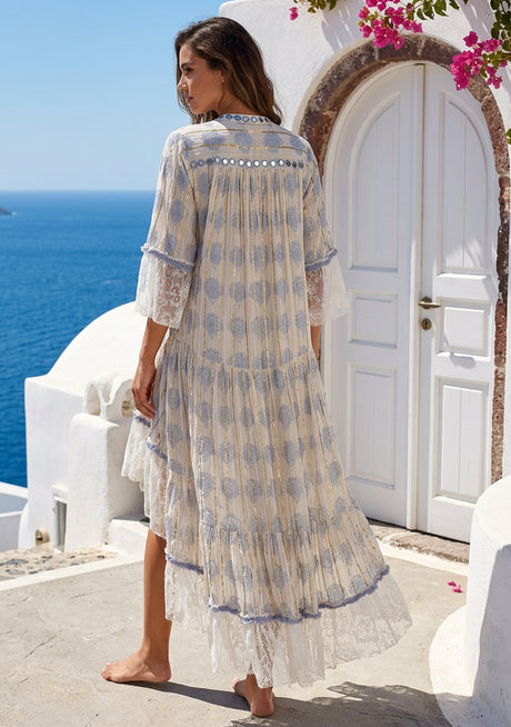 Women's Printed Cotton Long Dress Split V-Neck - Peony