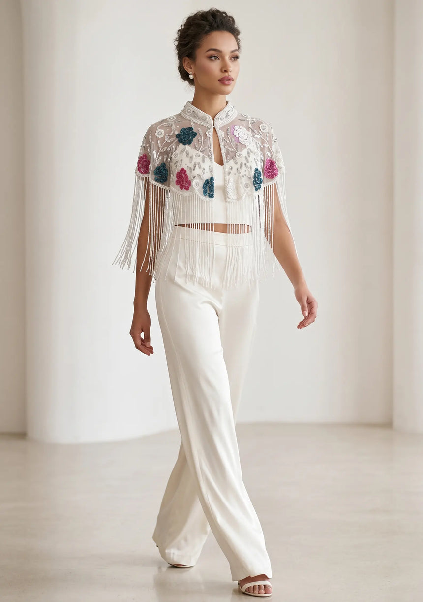ibBan Floral Hand Beaded Party Cape | Luxury Embroidered Evening Cape - Sika