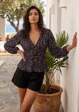 ibBan Premium Cotton Printed Peplum Top | Women's Floral Long Sleeve Blouse -Saga