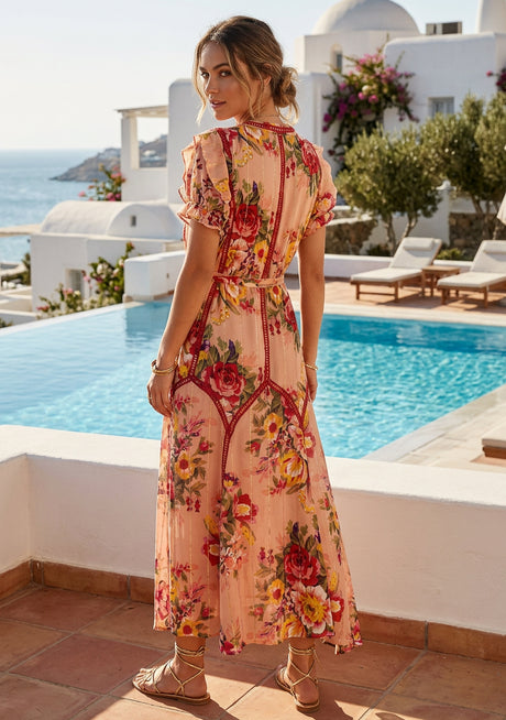 Women's Hand Embroidered Printed Cotton Long Dress Round Tie-Up Neck- Asia