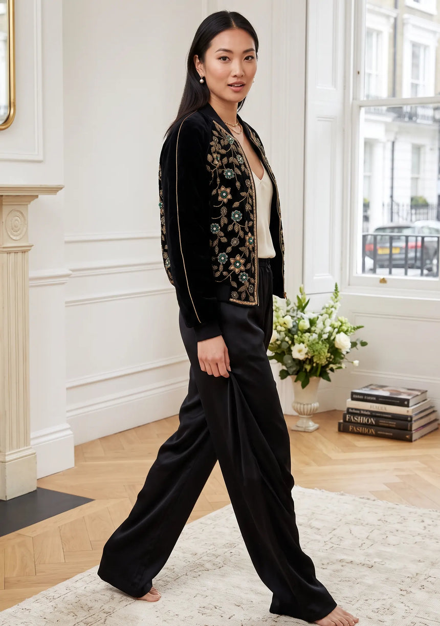 ibBan Women's Leather Sleeve Hand Embroidered Jacket - Asleen