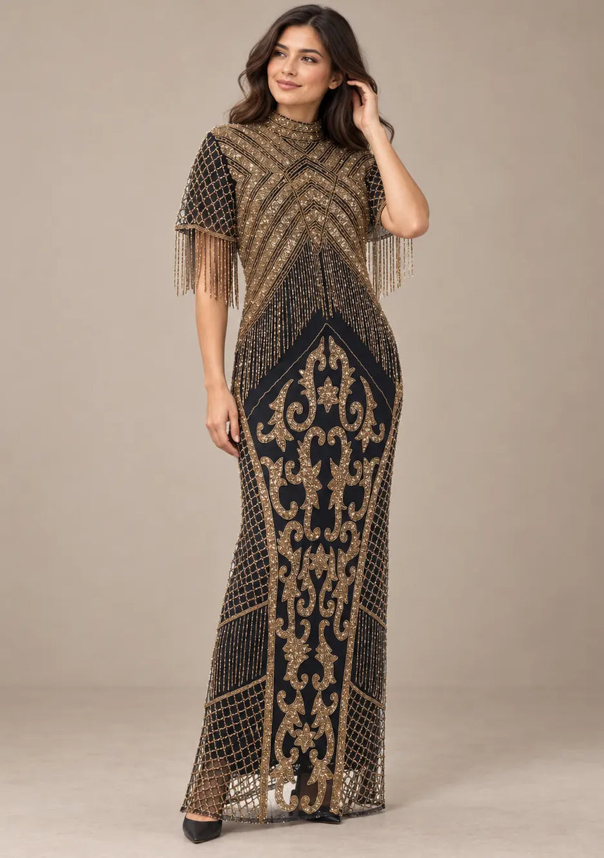 Women’s Party Long Dress with Gold Hand Embroidery - Sophie