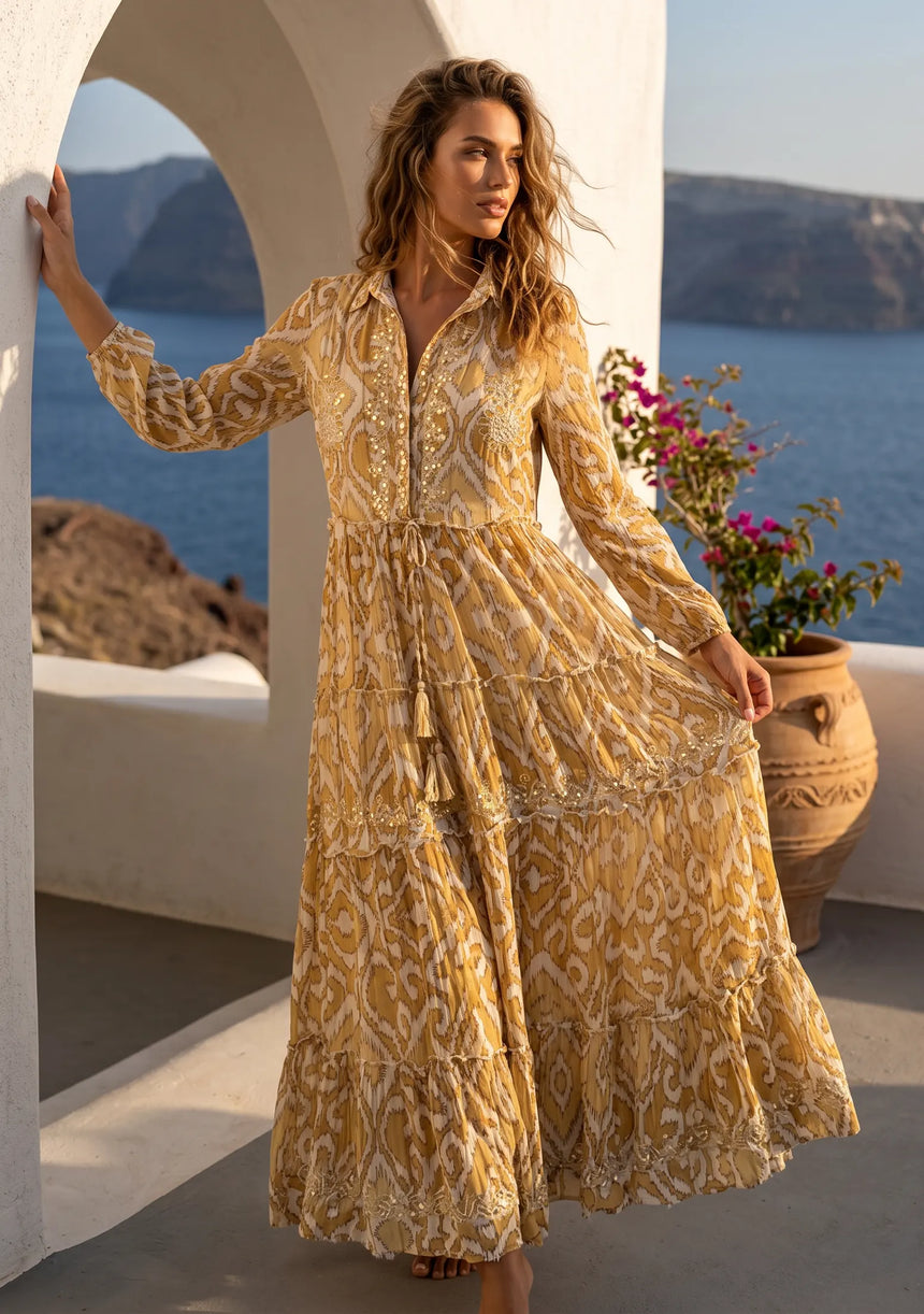 ibBan Printed Cotton Collar Dress with Hand Embroidery - Greeta