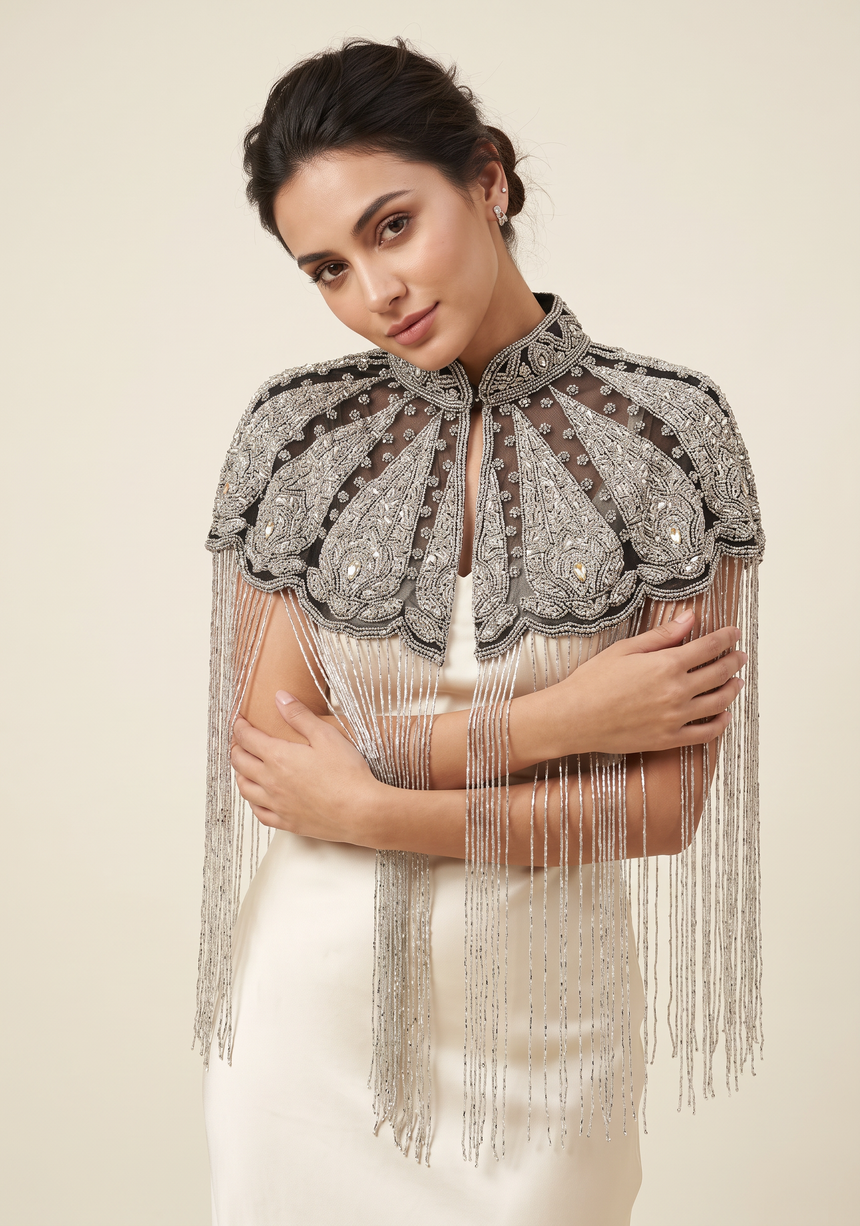 ibBan Black Hand Beaded Party Cape | Cape de soirée de luxe brodée - Mazi