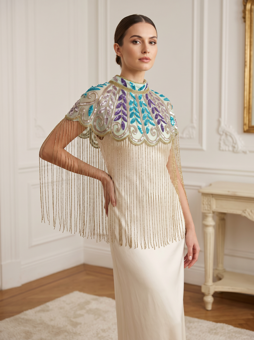 Women's Hand Embroidered Beaded Evening Cape | ibBan - Zera