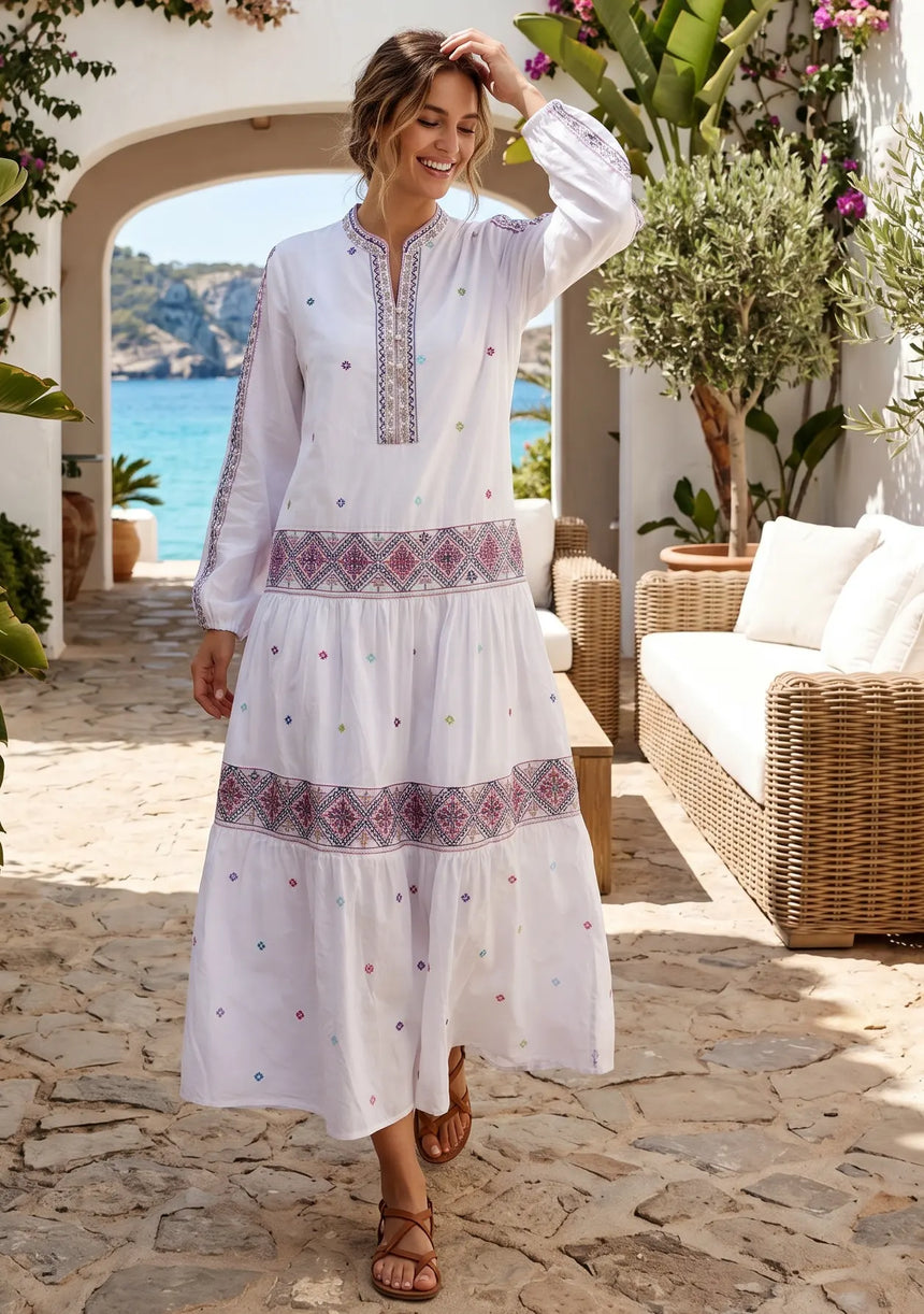 ibBan Premium Cotton Hand Embroidered Long Tunic Collar Dress | Boho Dress -Karin