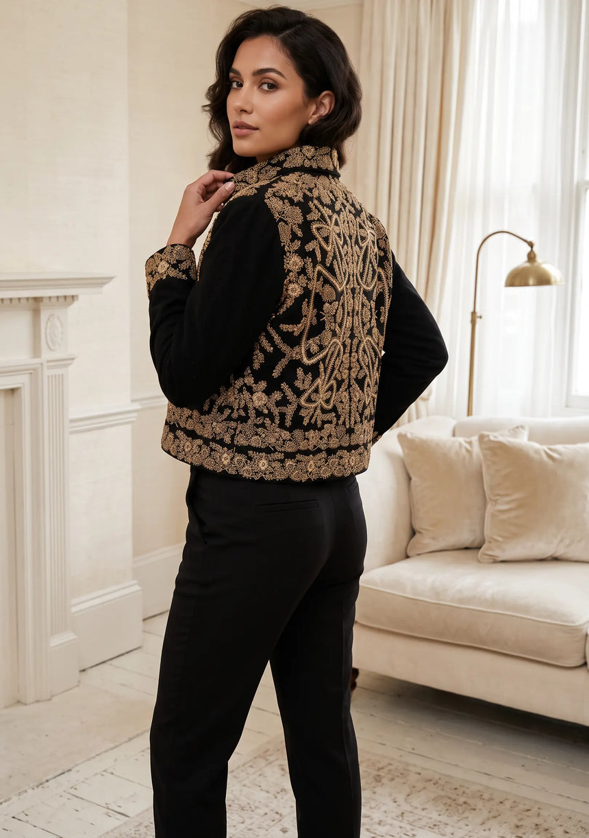 ibBan Luxury Black Jacket with Heavy Gold Hand Embroidery - Goldy Jacket