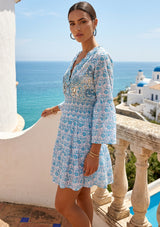 Women's Printed Cotton Short Dress V-Neck - Florina