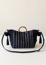 Women's Embroidered Canvas Handbag - Black Line