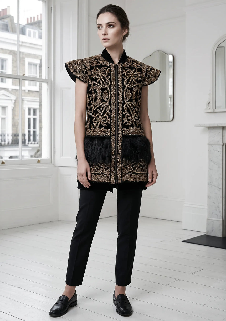 ibBan Luxury Black Vest Coat with Heavy Gold Hand Embroidery - Goldy Vest Coat