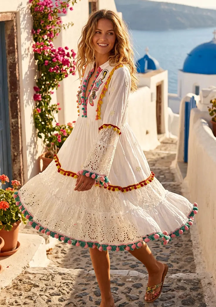 Luxury White Cotton Embroidered Summer Dress for Women | ibBan-Fani