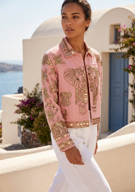 Women's Artisan Heavy Elephant Hand Embroidery Canvas Jacket - Anima