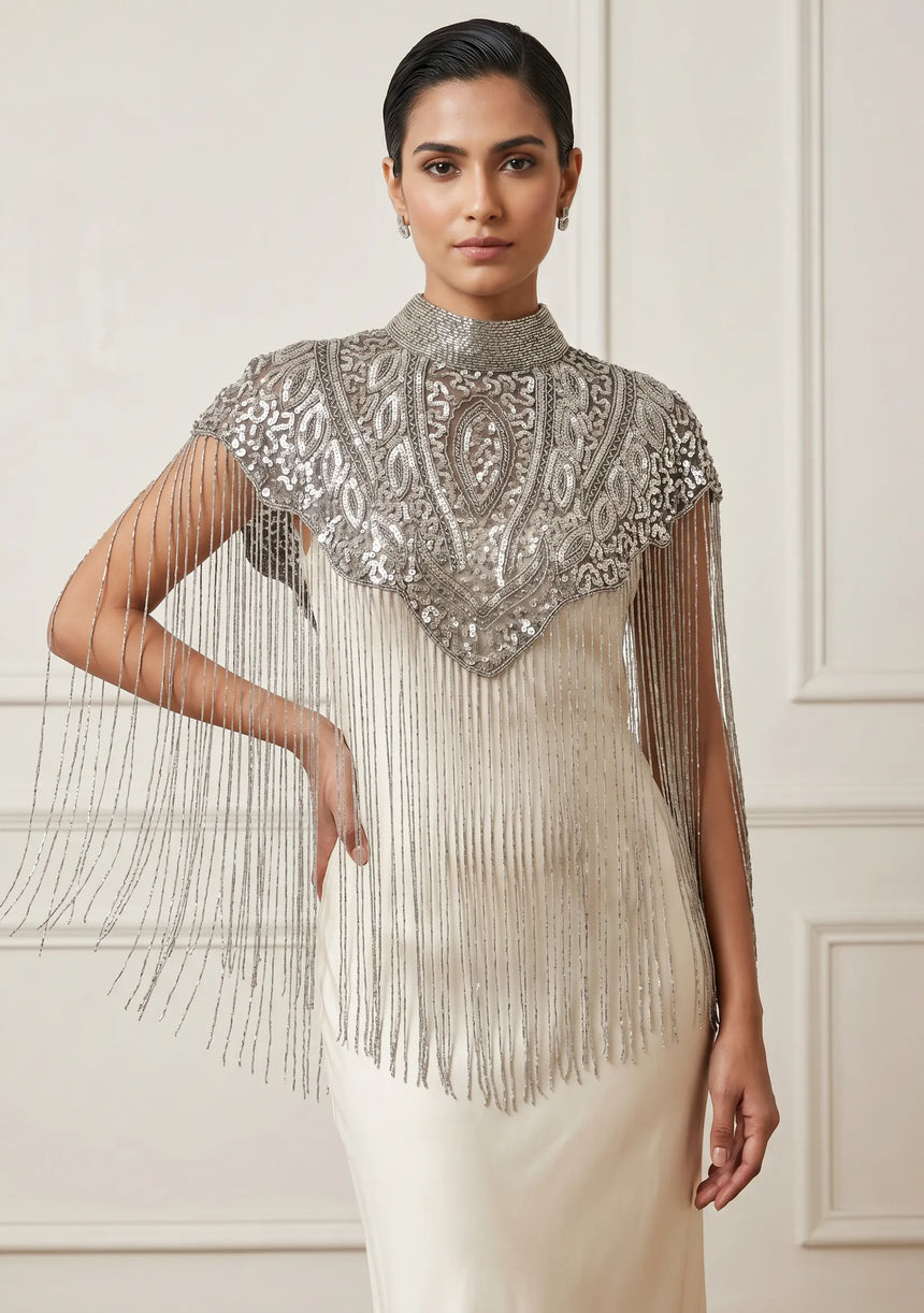 ibBan Silver Hand Beaded Party Cape | Luxury Embroidered Evening Cape -Efli