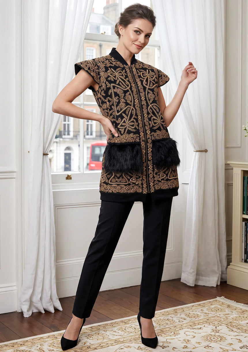 ibBan Luxury Black Vest Coat with Heavy Gold Hand Embroidery - Goldy Vest Coat