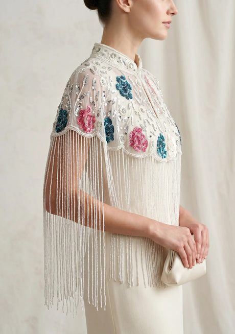 ibBan Floral Hand Beaded Party Cape | Luxury Embroidered Evening Cape - Sika