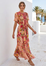 Women's Hand Embroidered Printed Cotton Long Dress Round Tie-Up Neck- Asia