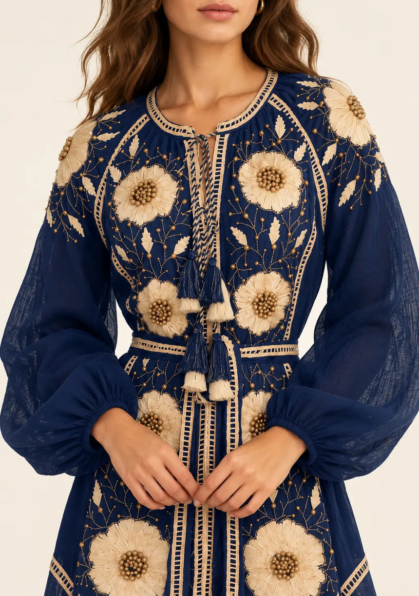 ibBan Floral Embroidered Cotton Long Dress - Johri