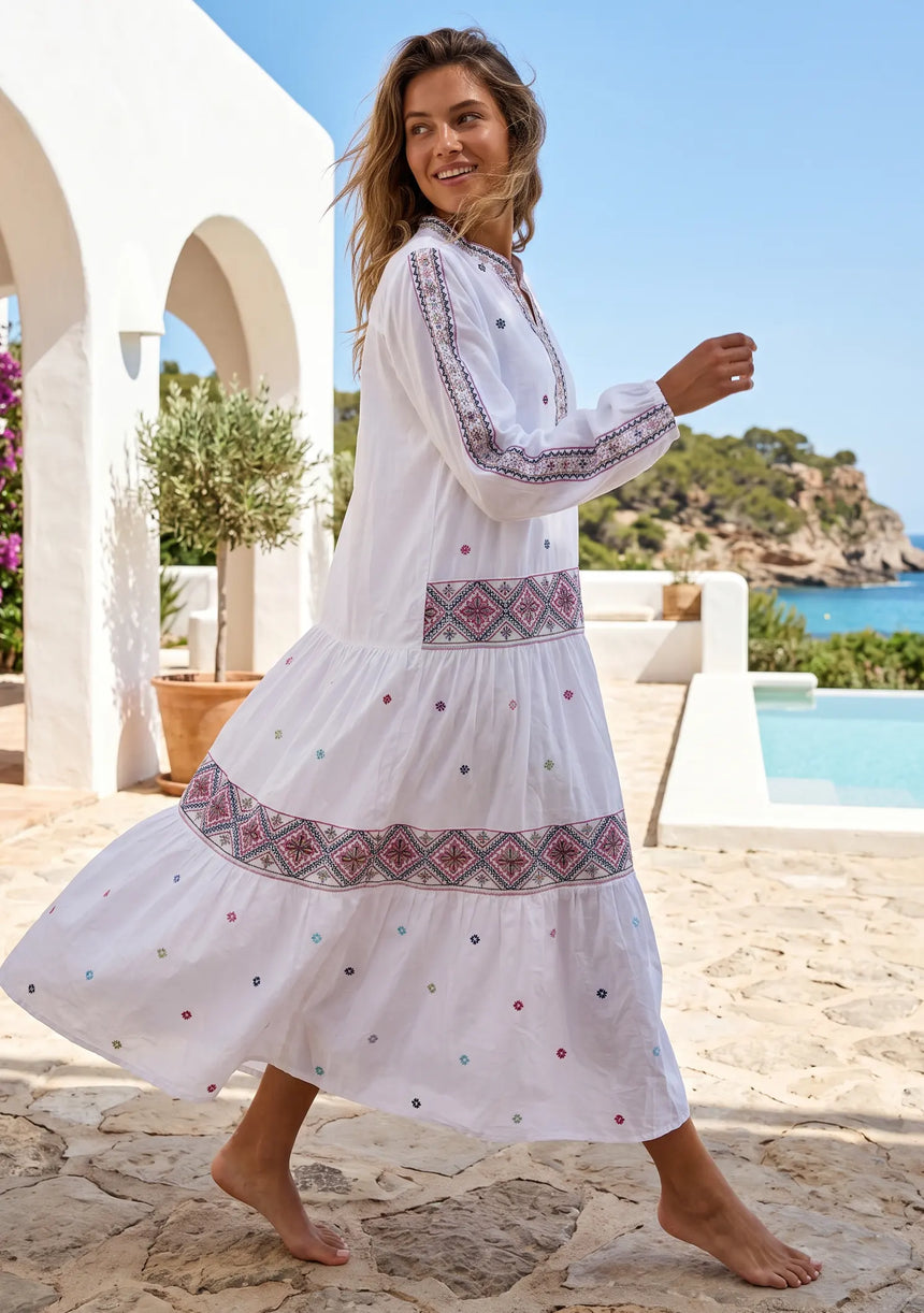 ibBan Premium Cotton Hand Embroidered Long Tunic Collar Dress | Boho Dress -Karin