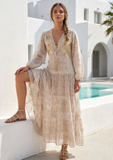 Women's Hand Embroidered Printed Cotton Maxi Dress V-Neck- Aza
