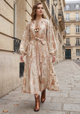 ibBan Beige Hand Embroidered Winter Maxi Dress | Cotton Lurex Luxury Dress - Efnan